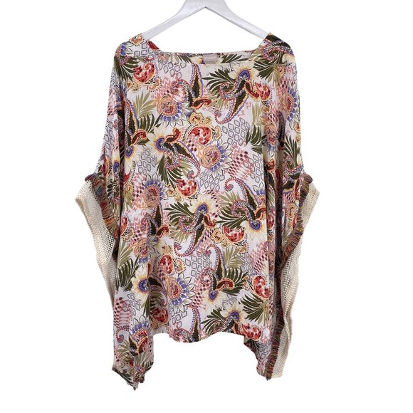 Chicos paisley print boho poncho size L/XL OS fringed colorful Cruise summer bea - Picture 1 of 8